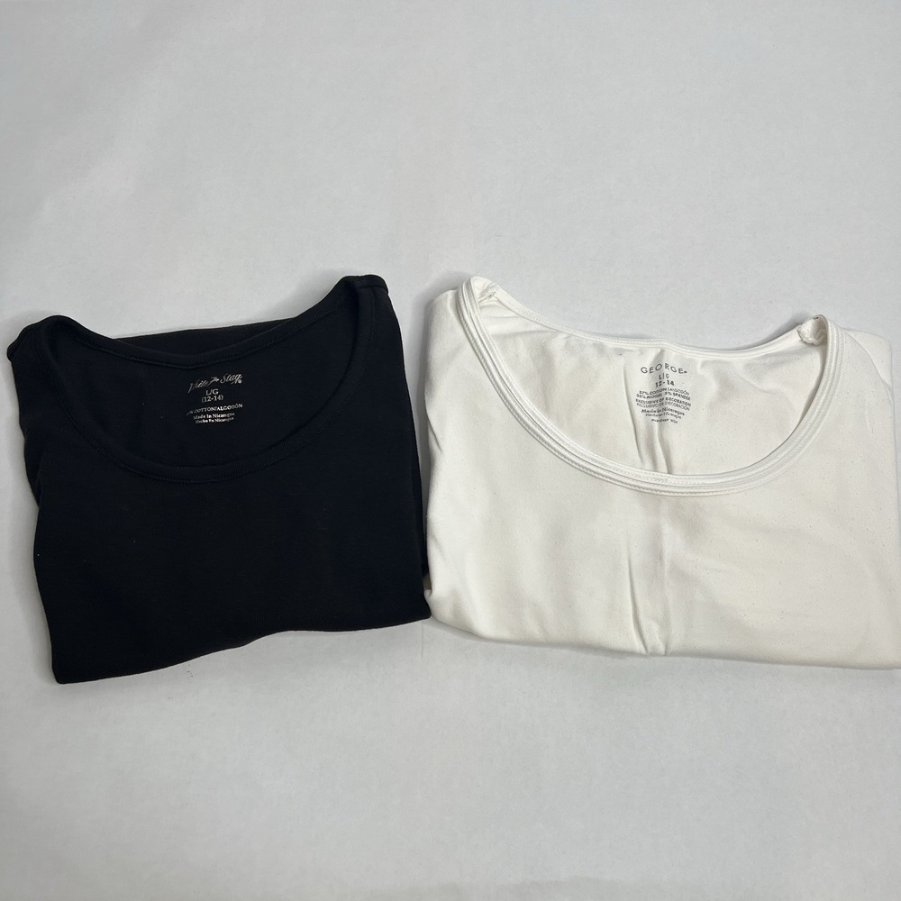 George & Faded Glory Black White Tees Lot 2 T-shirt Blouse L 12-14